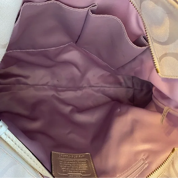 Gold Coach signature jacquard handbag purse with leather trim and double straps. - Picture 6 of 9